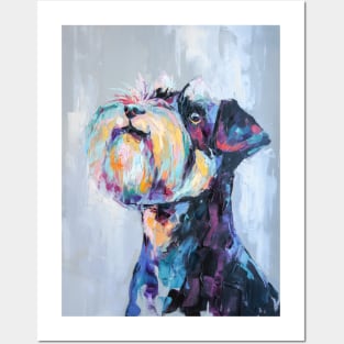Conceptual portrait in multicolored painting of a schnauzer muzzle. Posters and Art